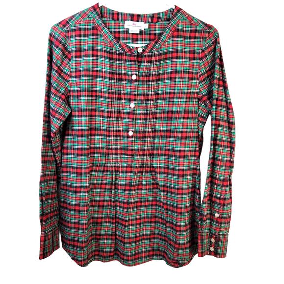 Vineyard Vines Tartan Plaid Popover Women's 2 Red Green Flannel Festive Preppy - Picture 1 of 9